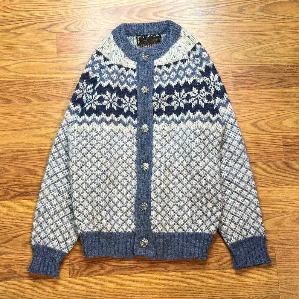 Vtg Norlaender Norway New Wool Nordic Fair Isle Snowflake Cardigan Sweater Men M